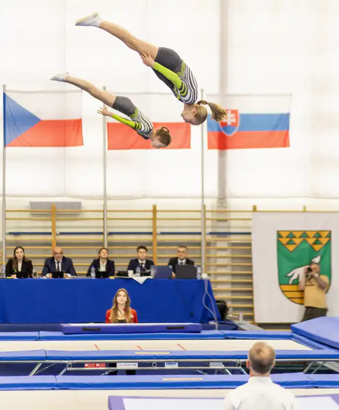 Dwie zawodniczki w locie, wysoko ponad trampolinami, równolegle względem siebie, wykonują skoki synchroniczne. Przy trampolinach trener i trenerka. Za nimi grono sędziów w garniturach, na podwyższeniu, za długim stołem. W tle flagi trzech państw: Czech, Polski i Słowacji.