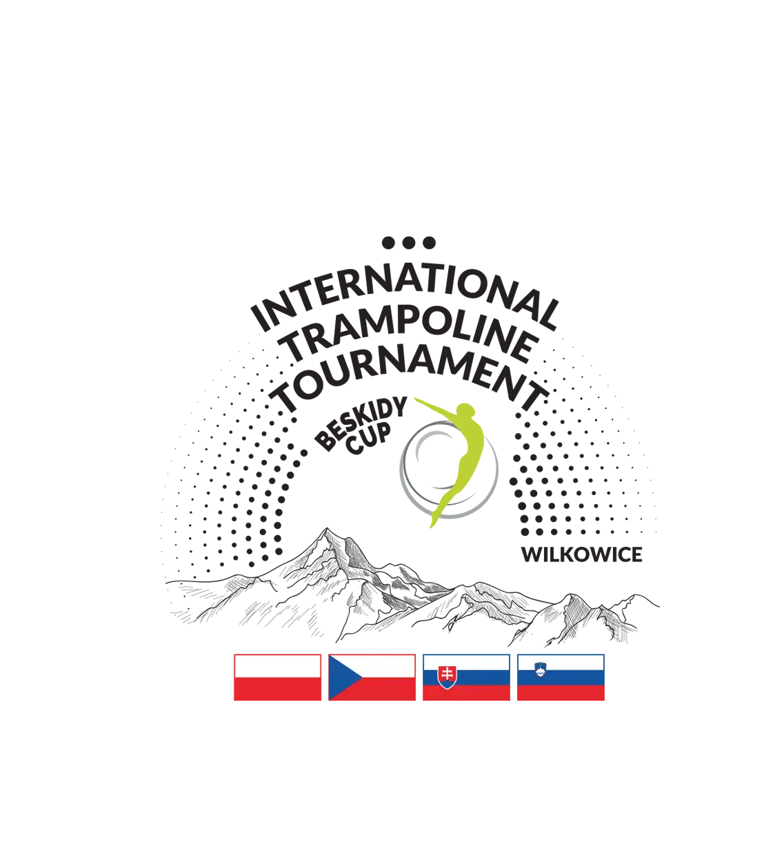 Napis INTERNATIONAL TRAMPOLINE TOURNAMENT Beskidy Cup 2026 w półkolu nad logo UKS ALFA Wilkowice i rysunkiem gór. Pod spodem 4 flagi: polska, czeska, słowacka i słoweńska